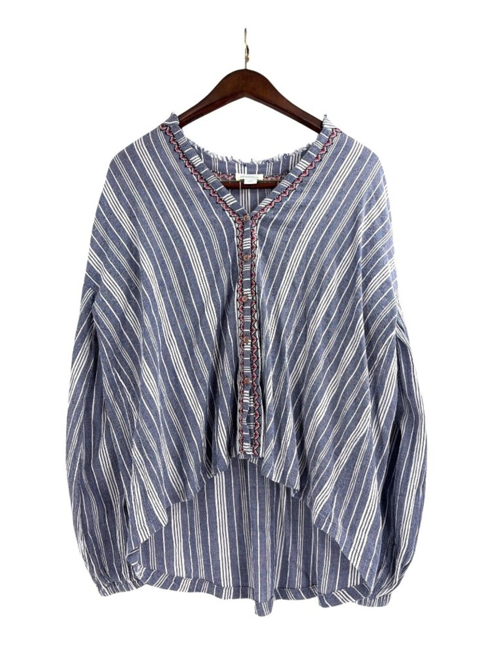 Sundance Solitude Stripe Hi-Low Oversize Lagenlook Top Boho Womens XS Embroidery